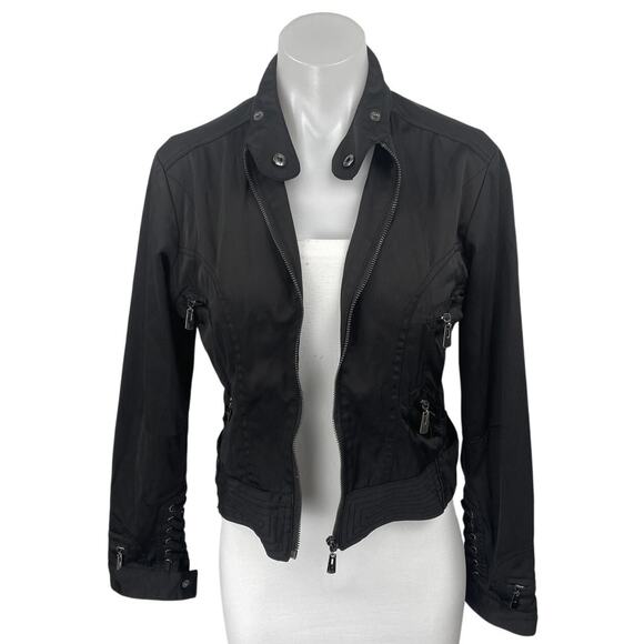 Nikibiki Women's Black Zip Up High Neck Lace Up Back Moto Biker Bomber Jacket M - Picture 1 of 5
